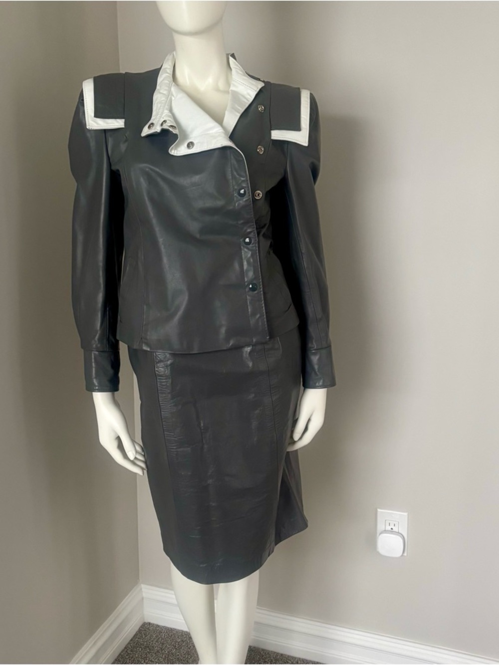Womens Gray Leather Jacket with White Trim Collar and Matching Leather Skirt